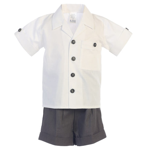 Lito Baby Boys Charcoal White Poly Cotton Shirt Rayon Linen Shorts Set 3-24M - SophiasStyle.com